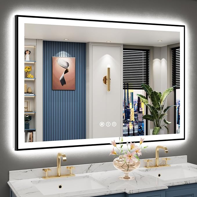 55x36 Black Framed LED Bathroom Mirror by Awandee