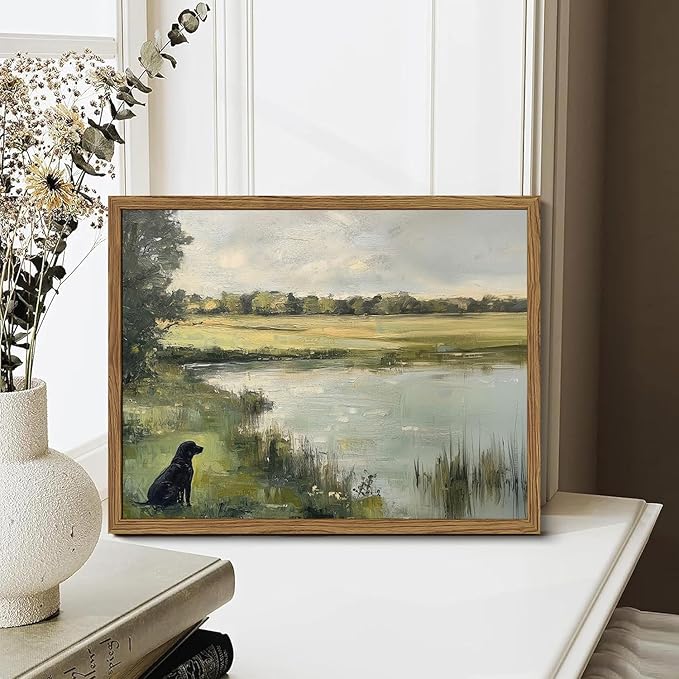 Framed Vintage Hunting Black Dog Wall Art, Rustic Country Nature Landscape - Image 6