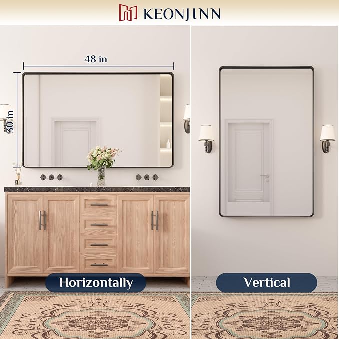 Keonjinn Black Bathroom Mirror for Over Sink, 48 x 30 Inch Rounded Rectangle - Image 8