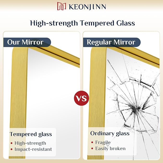 Keonjinn Gold Mirrors for Wall, 60” x 36” Large Brushed Brass Bathroom Mirrors - Image 5