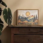 Framed Boho Sun Canvas Wall Art, Modern Abstract Mountain Landscape Painting - Image 4