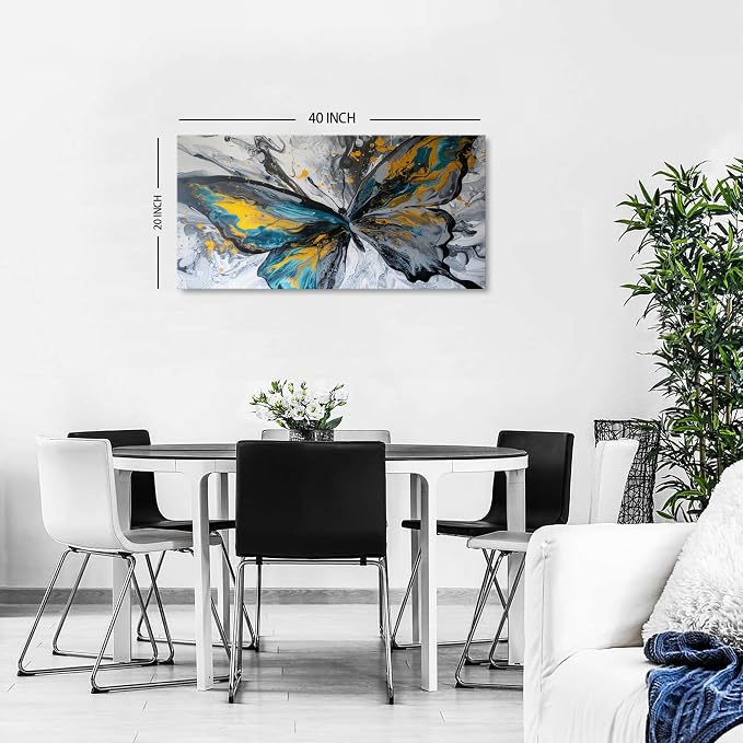 Abstract Butterfly Wall Art Teal Grey Yellow Butterfly Wall Decor Modern Marble - Image 2