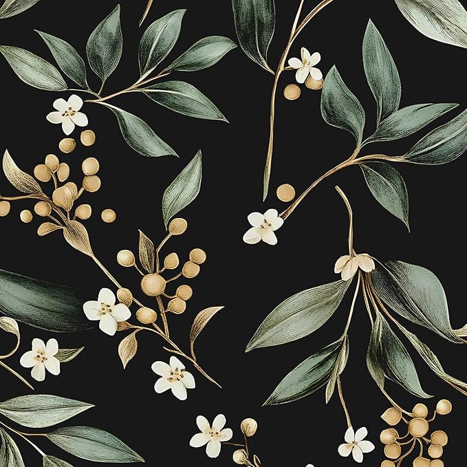Extra Long Dark Peel and Stick Wallpaper 17.5" x 393" – Vintage Floral Green by VOLEAARWALLPAPER