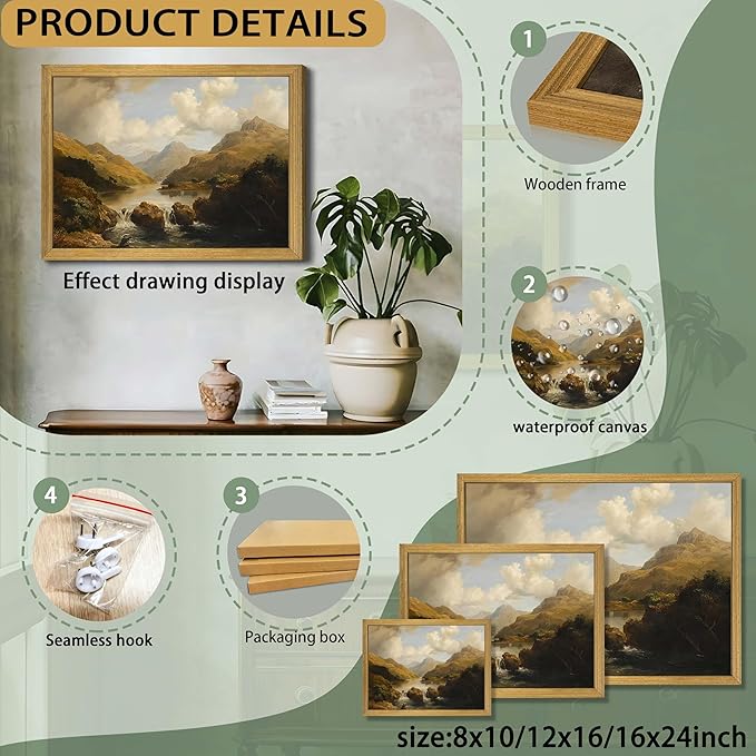 Framed Vintage Landscape Wall Art Home Decor, Retro Mountain Vintage Painting - Image 3
