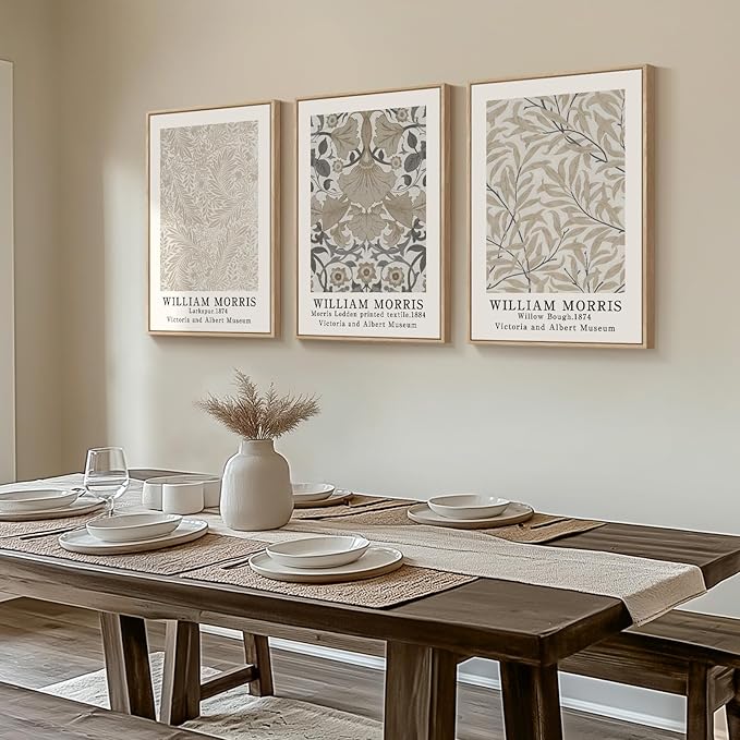 Framed Large William Morris Canvas Wall Art Set of 3, Vintage Neutral Botanical - Image 2