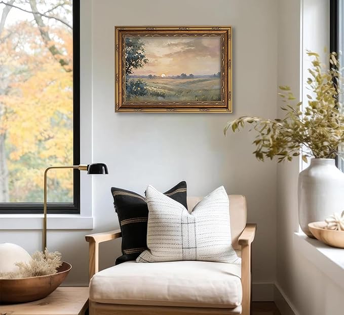 Vintage Gold Framed Wall Art Retro Fall Sunset Country Oil Painting Canvas - Image 6