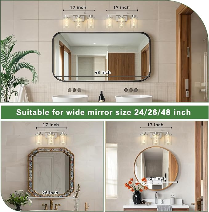 DORESshop 3-Light Brushed Nickel Bathroom Light Fixtures, Crystal LED Bathroom - Image 3