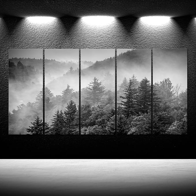 iKNOW FOTO 5-Piece X-Large Canvas Wall Art Set Black and White Misty Forest & - Image 2