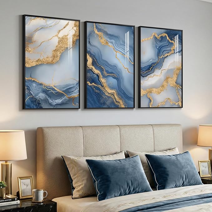 Large Framed Abstract Wall Art for Living Room, Modern Luxury 3 Piece Blue Gold - Image 5