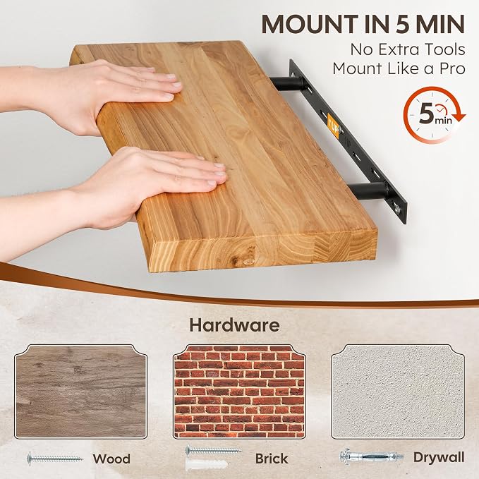 Floating Shelves Set of 2, Solid Elm Wood Wall Shelves 24 Inch - Image 4