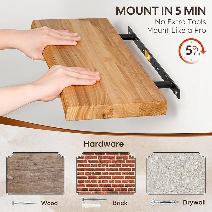 Live Edge Floating Shelf 55 Inch Extra Long | Solid Rustic Elm Wood - Image 5