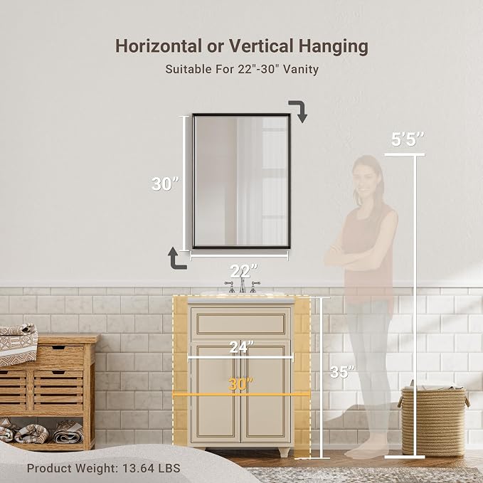 Black Framed Mirror for Bathroom, 22x30 Inch Black Rectangle Beveled Bathroom - Image 5