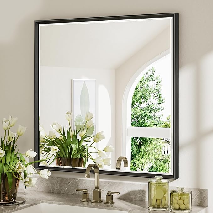 Black Framed Mirror for Bathroom 36x36 Inch Square Beveled Bathroom Mirror by QUEENFUN