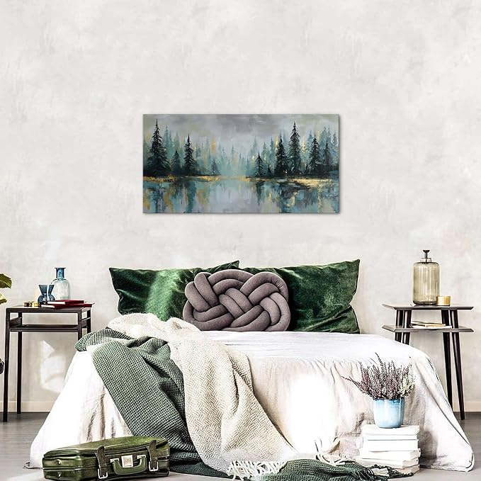 Green Forest Wall Art Vintage Fog Pine Trees Landscape Wall Decor Nature Green - Image 3