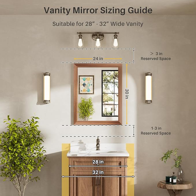 24x30 Inch Bathroom Mirror for Wall, Anti-Rust Walnut Wood Grain Metal Framed - Image 2