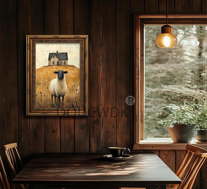 Vintage Gold Framed Wall Art Retro Country Sheep Oil Painting Canvas Prints - Image 8