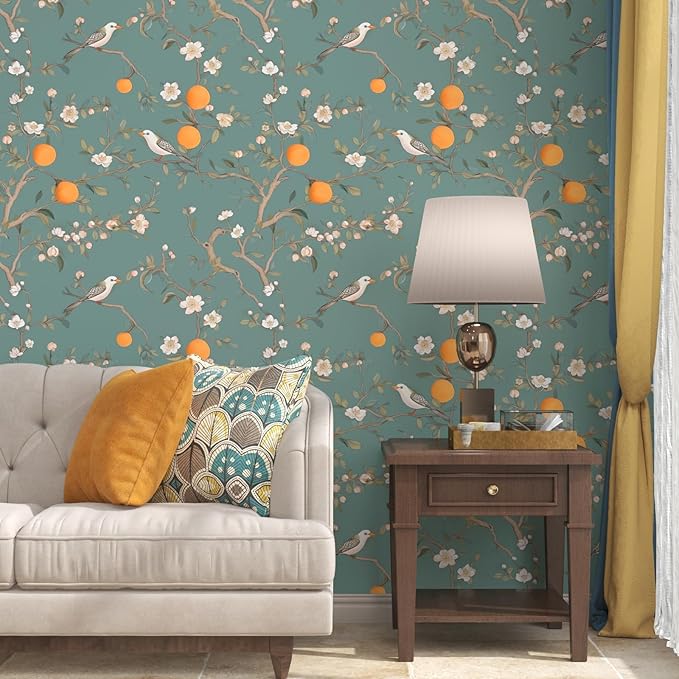 Green Floral Wallpaper Peel and Stick, Birds Contact Paper Orange Fruits - Image 7