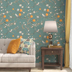 Green Floral Wallpaper Peel and Stick, Birds Contact Paper Orange Fruits - Image 7