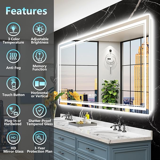 96x36 LED Bathroom Mirror with Lights, Backlit and Front Lit Anti-Fog Lighted - Image 2