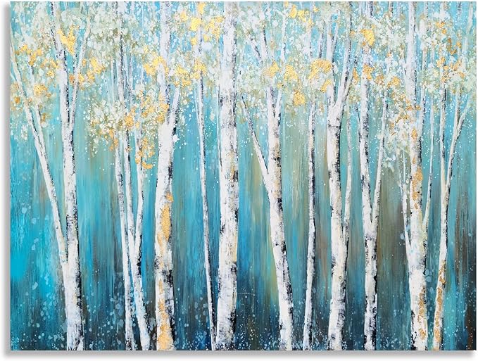 Yihui Arts Canvas Wall Art White Grey Birch Trees Branches Painting Gold Foil - Image 3