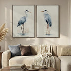 Large Framed Vintage Bird Wall Art, 2 Piece Neutral Blue Heron Canvas Painting - Image 2