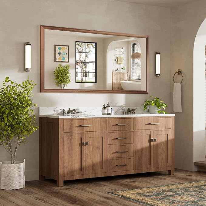 72x36 Inch Bathroom Mirror for Wall, Anti-Rust Walnut Wood Grain Metal Framed - Image 3
