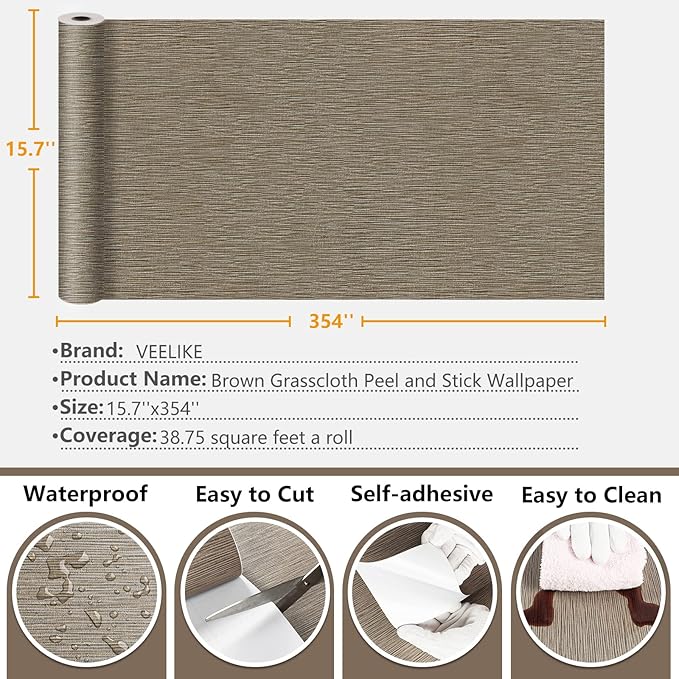 VEELIKE Taupe Grasscloth Peel and Stick Wallpaper Textured Faux Grasscloth - Image 9