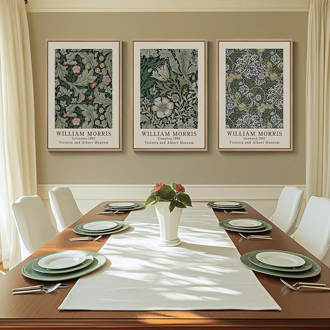 Large Framed William Morris Green Wall Art, 3 Piece Vintage Floral Canvas Prints - Image 3