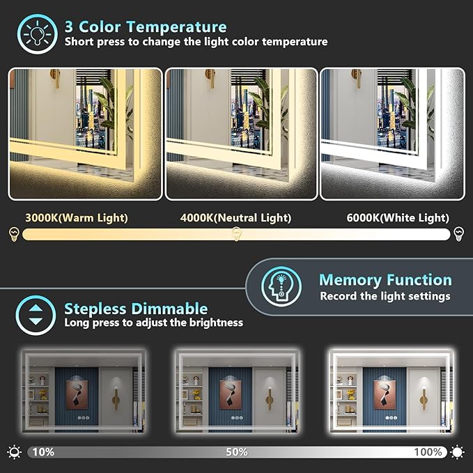 60x30 LED Bathroom Mirror with Lights, Backlit and Front Lit Anti-Fog Lighted - Image 4