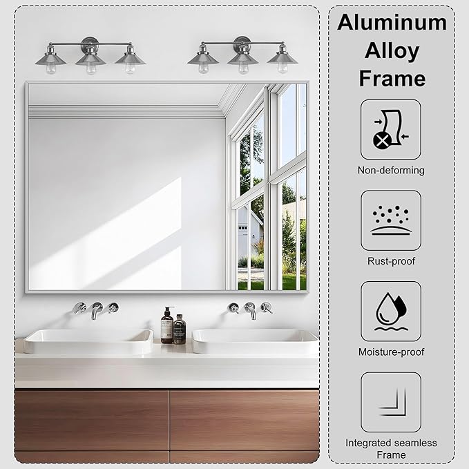 KOCUUY Silver Bathroom Mirror, HD Tempered Glass, Anti-Rust Brushed Silver Frame - Image 6