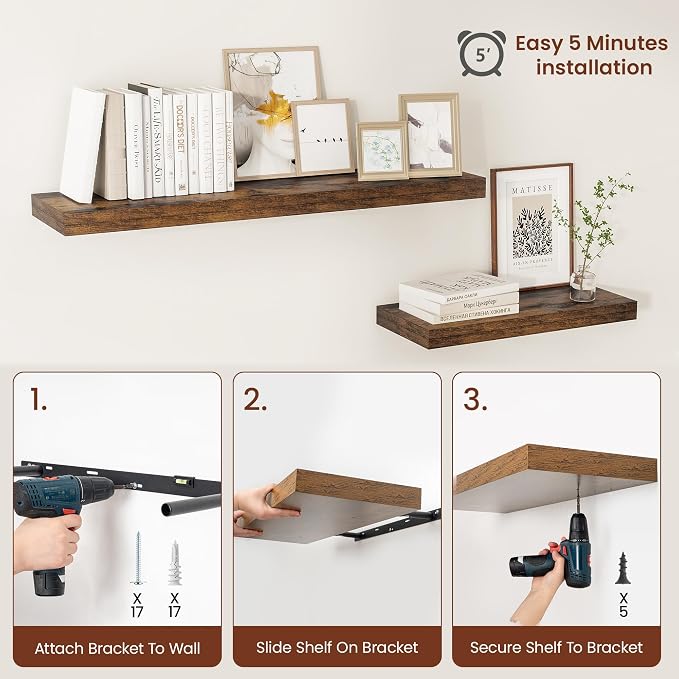 Vivelove 12" Deep Floating Shelves Over Toilet, Farmhouse Rustic Shelves - Image 7