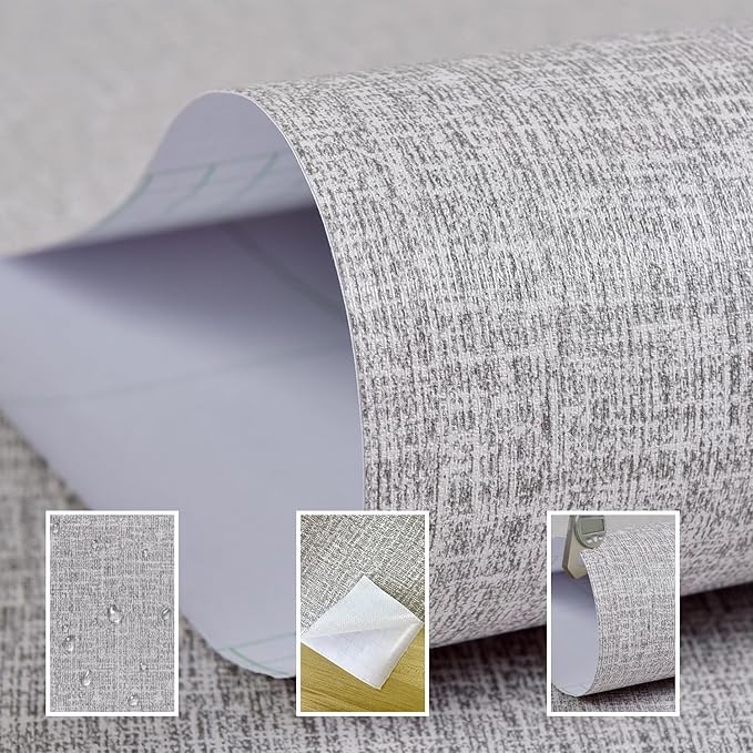 Yancorp 10ft Textured Fabric Gray Wallpaper Faux Grasscloth Grey Peel and Stick - Image 3