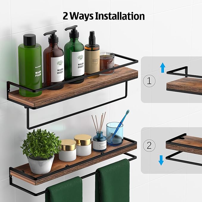 Meangood Floating Shelves Wall Mounted Set of 2, Towel Bar Rustic Wood Wall - Image 4