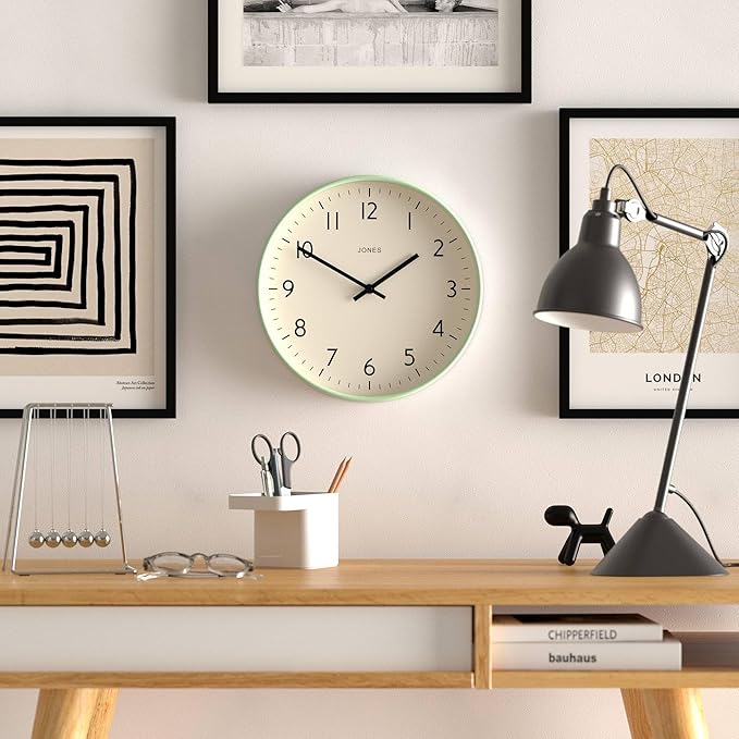 JONES CLOCKS® Studio wall Clock | Modern Round Style | 12 inch | Neo Mint Green - Image 3