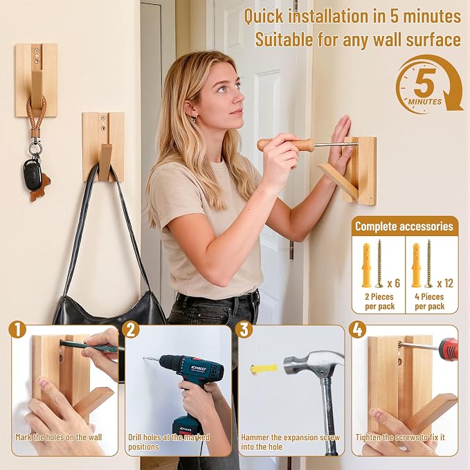 Wall Hooks for Small Space: Foldable Wooden Natural Coat Hooks 2Pack for - Image 6