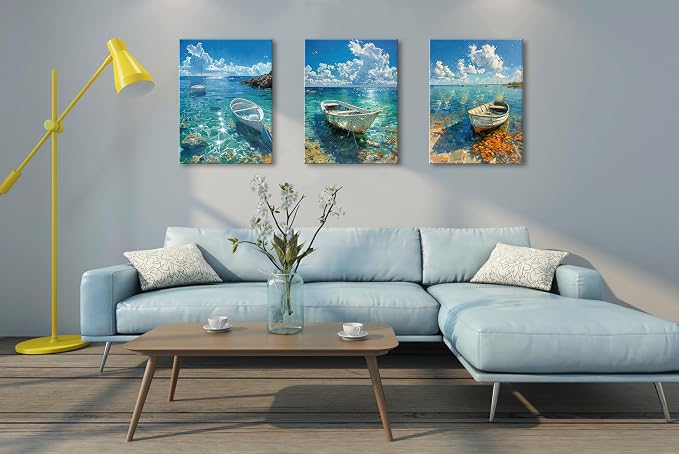 Ocean Seascape Wall Art Nautical Boat on Beach Canvas Picture Framed Art - Image 7