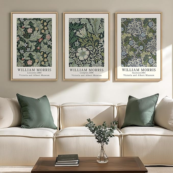 Framed William Morris Canvas Wall Art Green Decor Set of 3, Vintage Large by Cuspin