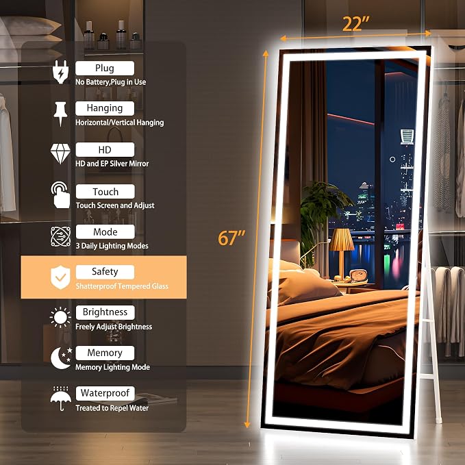 Hasipu Full Length Mirror with Lights, Full Body Dressing Hanging Mounted Mirror - Image 2