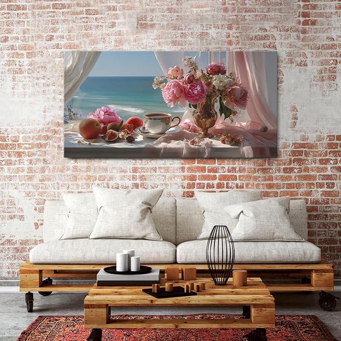 Vintage Pink Flower Wall Art Retro Flowers in Golden Vase Pictures Blue Ocean - Image 2