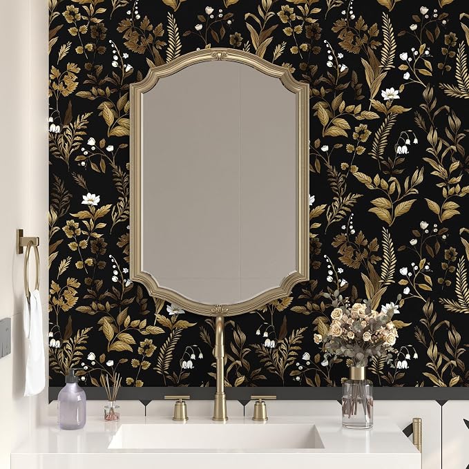 Dark Floral Peel and Stick Wallpaper, Vintage Leaf Pattern Black Gold Self - Image 6