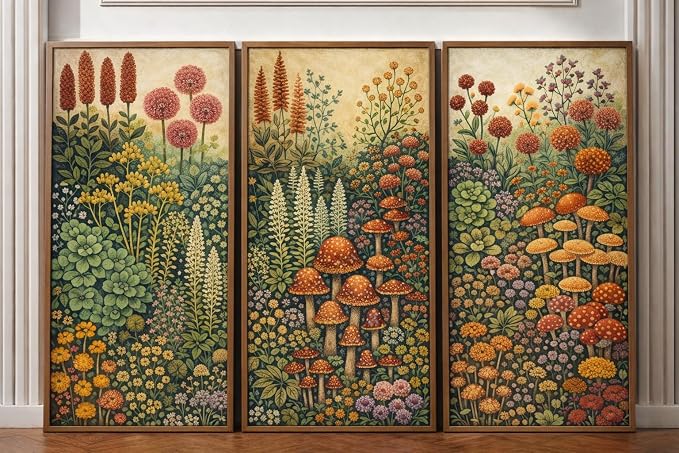 Framed Canvas Wall Art Set of 3 Vintage Botanical Mushroom Prints 12x16 Inch by NCYEL