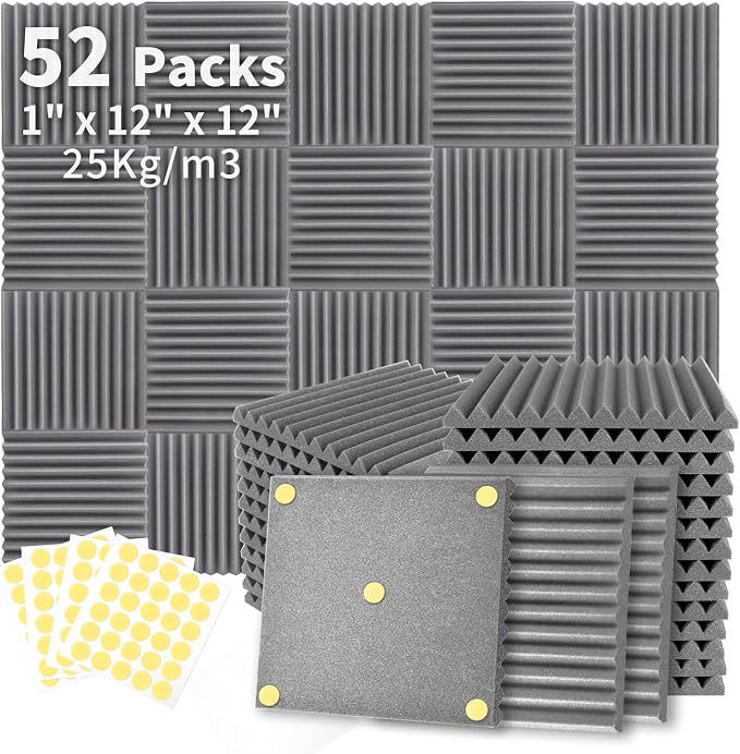 Focusound 52 Pack Grey Acoustic Foam Panels 1" x 12" x 12" Sound Proof Foam by Focusound