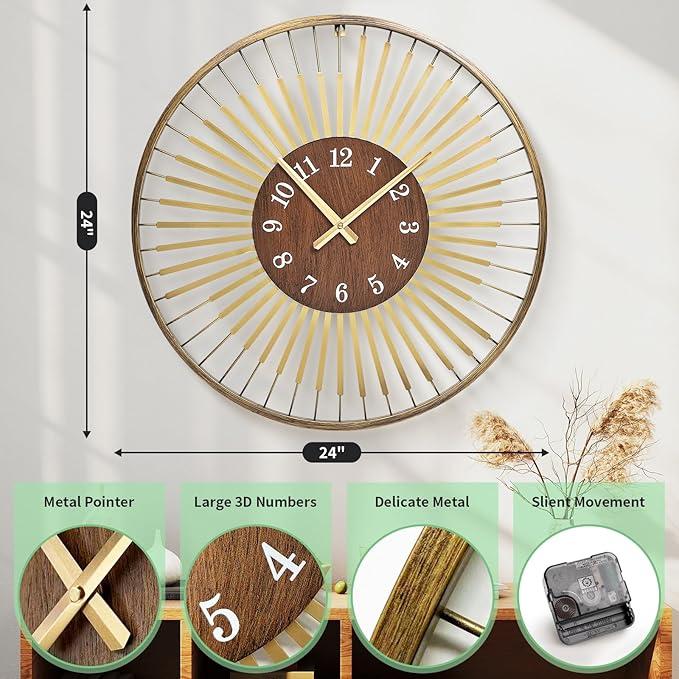 24 Inch Mid-Century Modern Wall Clock, Round Frame Metal Design - Image 5