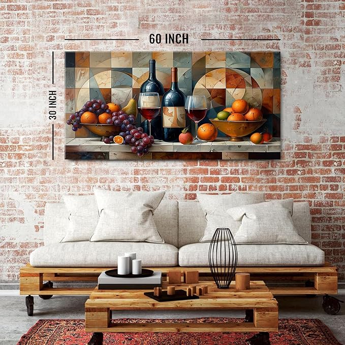 Geometric Kitchen Wall Art Abstract Wine Canvas Prints Red Wine Glass and Fruit - Image 2