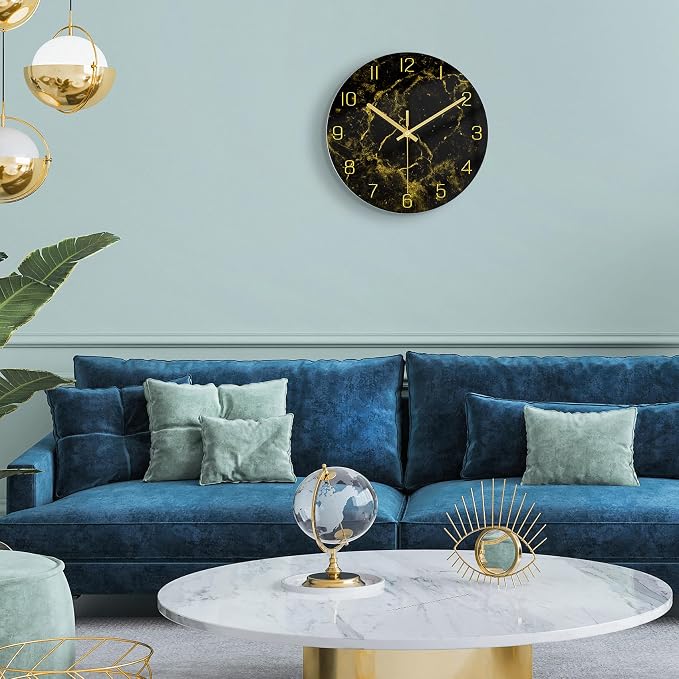 VIKMARI Black Modern Marble Texture Clock Gold Hands Rustic Kitchen Decor 12 - Image 4