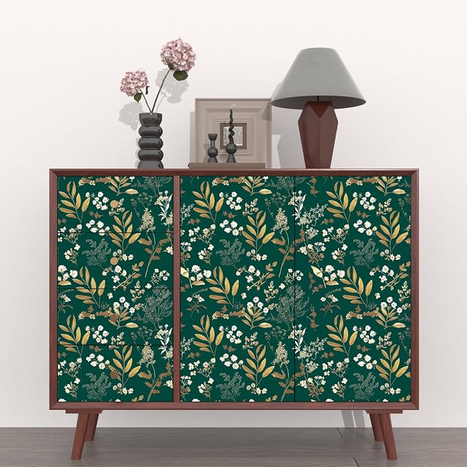 Dark Green Floral Wallpaper Peel and Stick Green Golden Leaf Wallpaper Vintage - Image 5