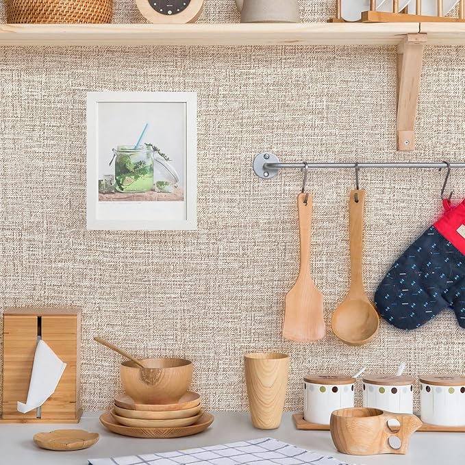 Khaki Grasscloth Peel and Stick Wallpaper 17.3"x160" Faux Linen Textured - Image 3