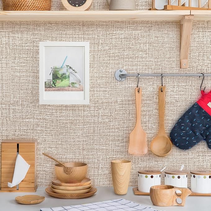 Khaki Grasscloth Peel and Stick Wallpaper 17.3"x1200" Faux Linen Textured - Image 3