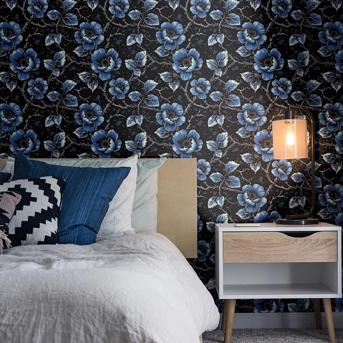FLFK Black Wallpaper Peel and Stick Dark Blue Floral Wallpaper 16" x 64" - Image 6