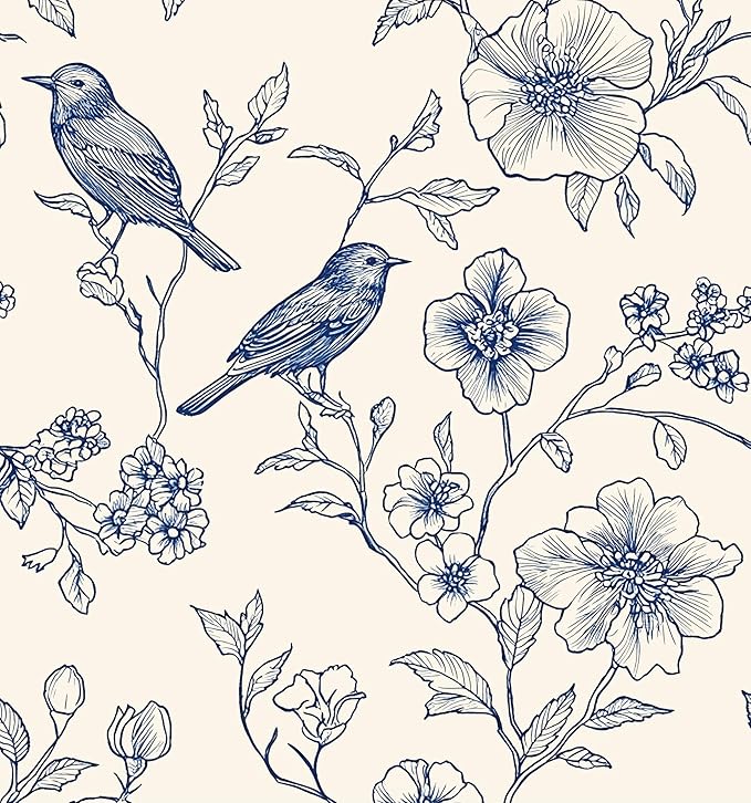 Beige Wallpaper Peel and Stick Blue Floral Bird Vintage Contact Paper 17.5" x by Laatse